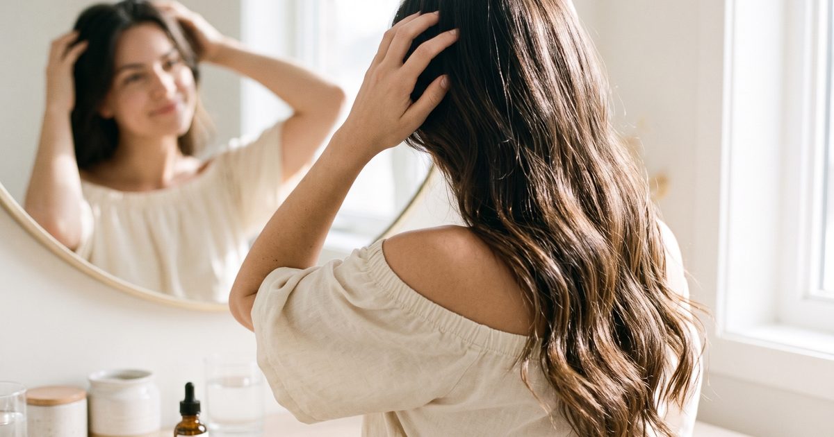 Long, healthy hair from behind, showing the hair growth and strength collagen plus minoxidil support